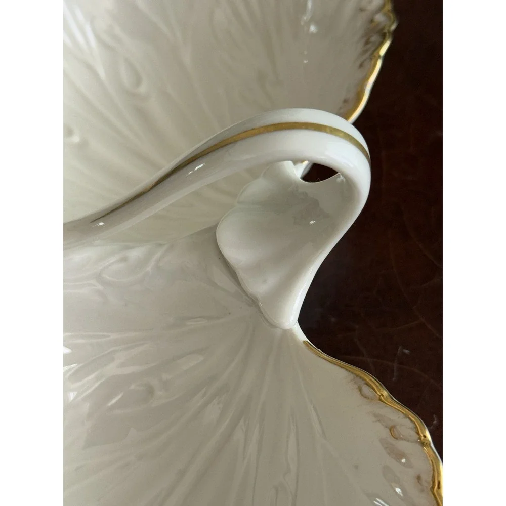 LENOX Double Leaf Ivory Gold Trim Ceramic Serving/Nut/Candy Dish Fall - USA Made